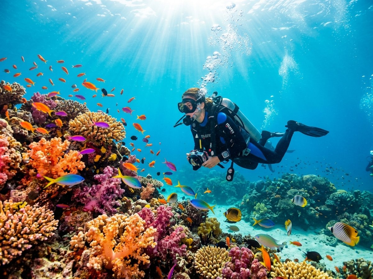 Scuba diving with coral reef and tropical fish