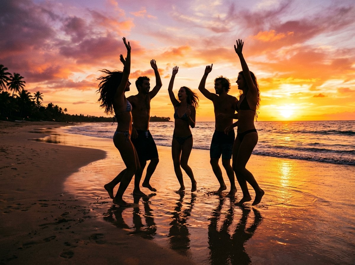 Friends enjoying sunset beach vibes