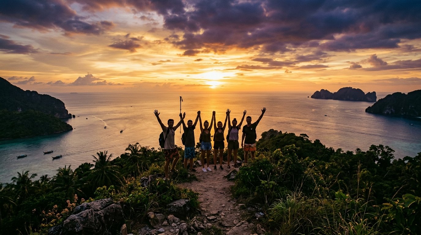 Adventurous friends enjoying Andaman sunset